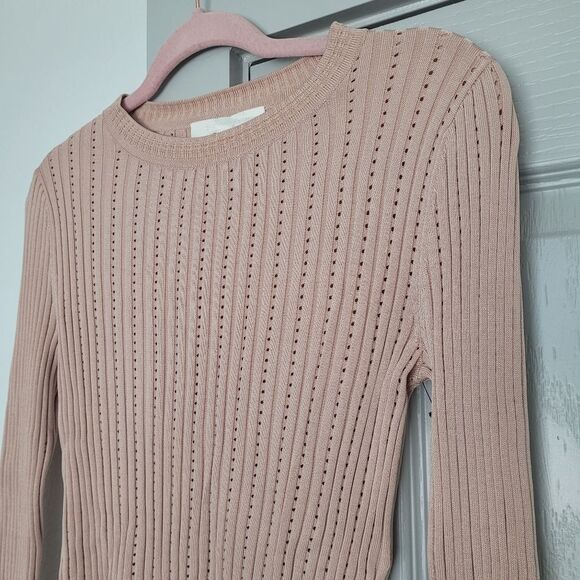 Jonathan Simkhai Perforated Knit Crewneck Pink Ribbed Sweater with Flared Cuffs - Picture 3 of 7